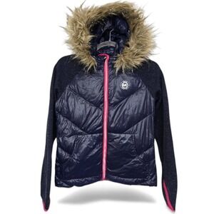 Michael Kors Girls Down Fill Puffer Jacket Fur Hood‎ Navy Pink Size 14